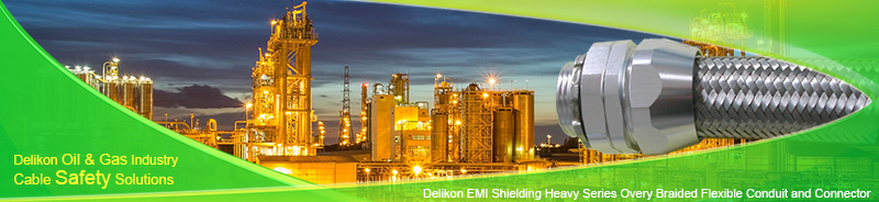 Delikon Electromagnetic Shielding Heavy Series Over Braided Flexible Conduit and Heavy Series Connector protect and shield oil and gas industry automation wire and cable. Use Delikon Electromagnetic Shielding Heavy Series Over Braided Flexible Conduit and Heavy Series Connector to protect wire and cable from signal distortion caused by nearby equipment and devices. 