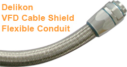 Delikon Interference Shielding Heavy Series Over Braided Flexible Conduit and EMI Shield Termination Heavy Series Connector reduce the problems associated with signal noise, erratic spikes, or interference. Delikon Waterproof Interference Shielding Heavy Series Over Braided Flexible Metal Conduit and Shield Termination Heavy Series Connector protect automation and VFD cable.