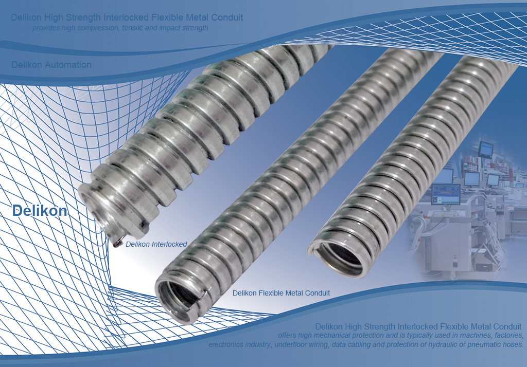 Delikon High Strength Interlocked Flexible Metal Conduit offers high mechanical protection and is typically used in machines, factories, electronics industry, underfloor wiring, data cabling and protection of hydraulic or pneumatic hoses.