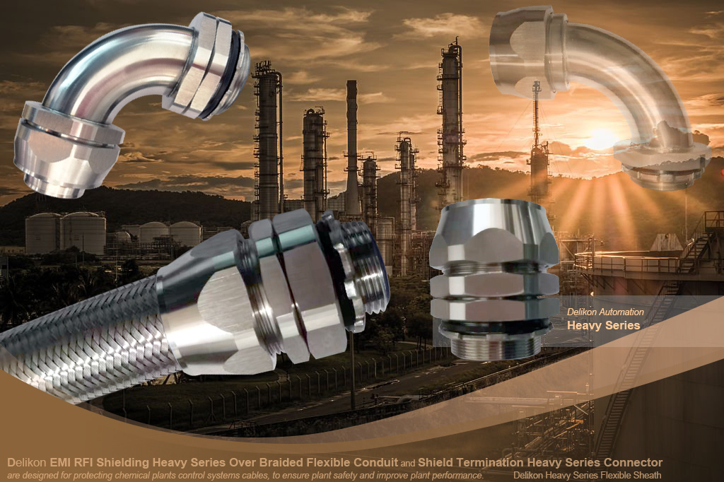 Delikon EMI RFI Shielding Heavy Series Over Braided Flexible Conduit and EMI RFI Shield Termination Heavy Series Connector are designed for protecting chemical plants automation control systems cables, to ensure plant safety and improve plant performance.Delikon EMI RFI Shielding Heavy Series Over Braided Flexible Conduit EMI RFI Shielding Termination Heavy Series Connector provide mechanical protection as well as effective emi shielding to SCADA communication network Fibre Optic FO and copper cable.