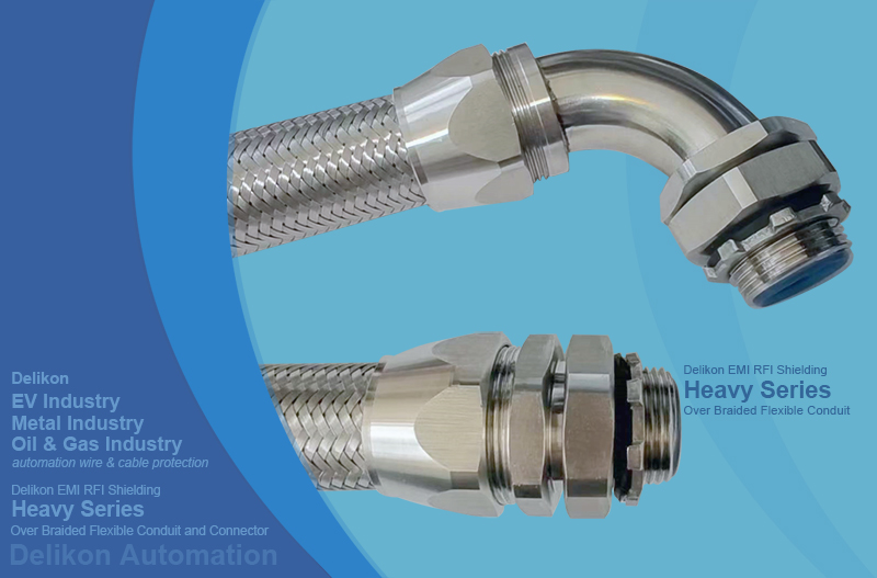 Delikon EMI RFI Shielding Heavy Series Over Braided Flexible Conduit and EMI RFI Shielding Termination Heavy Series Connector protect automation and industrial control system wire and cable. Delikon EMI RFI Shielding Heavy Series Over Braided Flexible Conduit and EMI RFI Shielding Termination Heavy Series Connector protect signals in the cable conductors from external sources of EMI, and also reduce the level of interference radiated by the cable, which could affect other conductors, equipment.