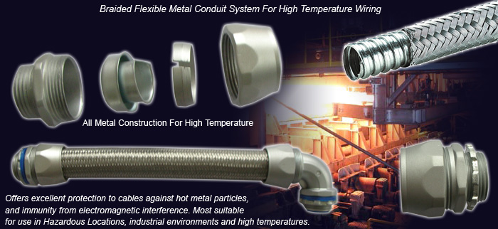 Overbraided Flexible Metal Conduit and Conduit Fittings For High Temperature Wiring