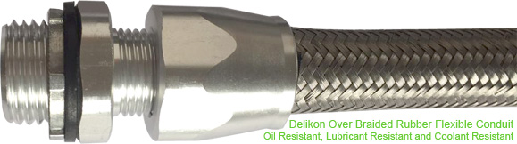 Delikon Oil Resistant, Lubricant Resistant and Coolant Resistant Over Braided Rubber Flexible Conduit and Heavy Series Conduit Fittings protect Servo Feedback Cable,Servo Power Cable,Servo Drive Command Cable,Spindle Feedback Cable,Spindle Power Cable,CRT MDI Cables. 