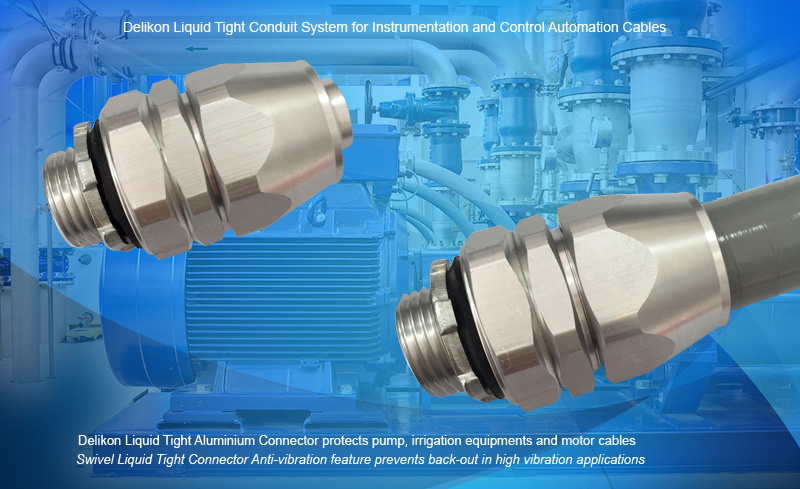 Delikon Liquid Tight Aluminium Connector provides high mechanical strength and high corrosion resistance and therefore improving strength to weight ratio. Delikon Liquid Tight Conduit and Liquid Tight Conduit Aluminium Fittings are designed for pump, irrigation equipments and motor cable protection, protecting process Instrumentation, Control Automation cables.